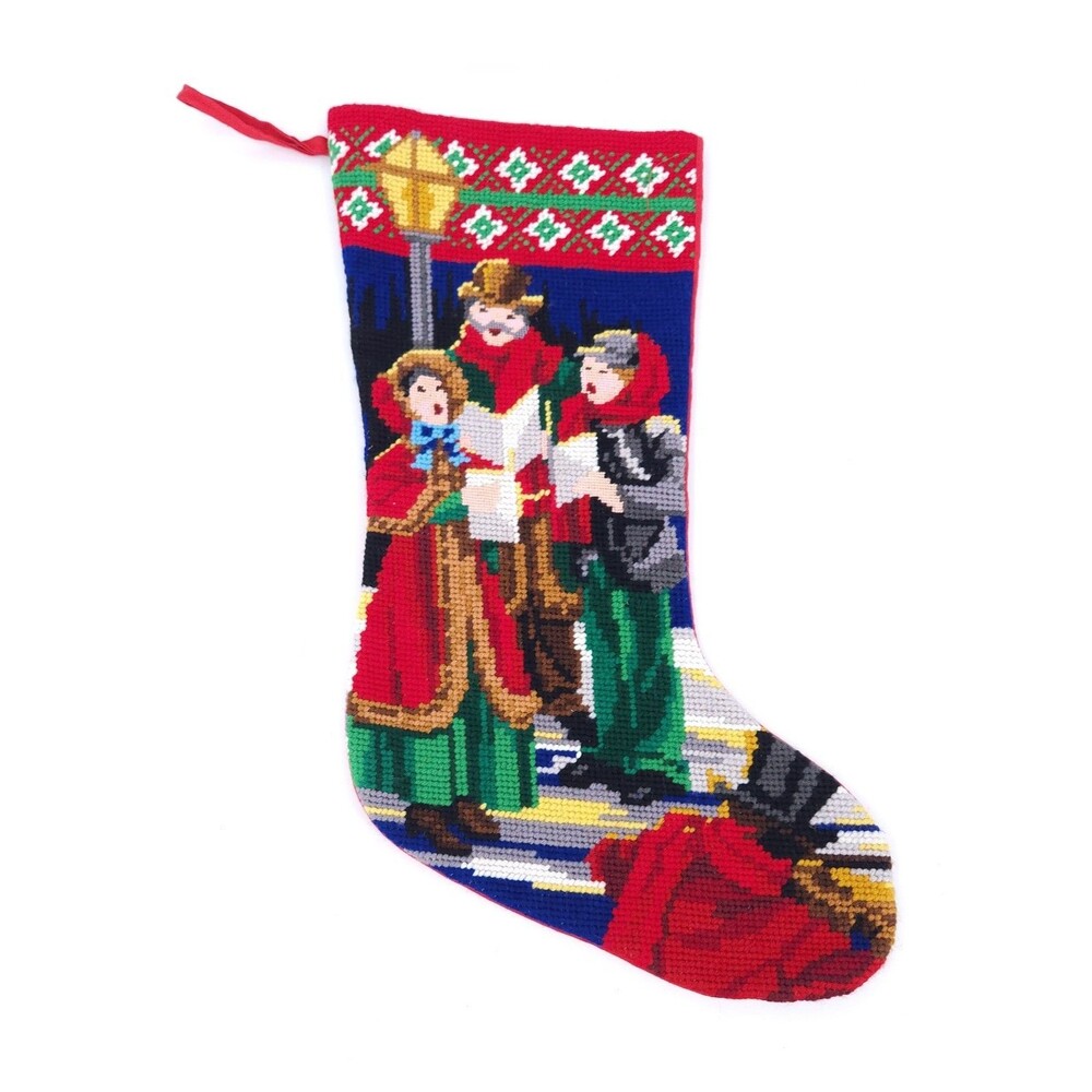 Vintage Wool Needlepoint Christmas Stocking Victorian Dickens Carolers Lamp Post